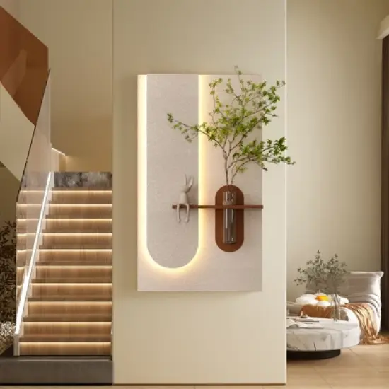 KWPZQEB Sandstone Wall Decor with Adjustable 3-Color LED and Simulated Green Plants, Glass Vase, Rabbit Statue, PVC Wall Art for Living Room, Hallway image {1}