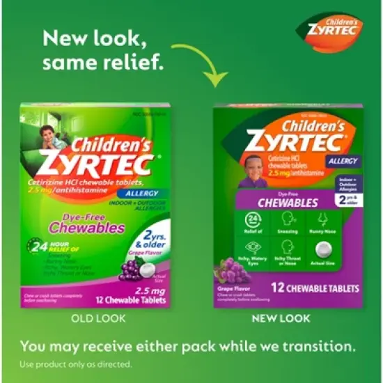 Zyrtec Children's Dye Free Cetirizine 2.5mg Chewables - Grape - 12ct image {2}