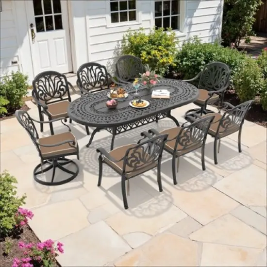 9-Piece Oval Cast Aluminum Outdoor Patio Dining Set with Swivel Chairs & Brown Cushions & Umbrella Hole image {3}