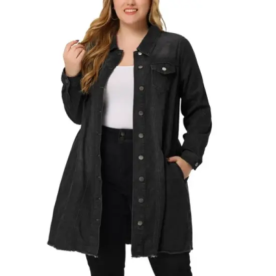 Agnes Orinda Women's Plus Size Long Sleeve Raw Hem Long Denim Jacket image {9}