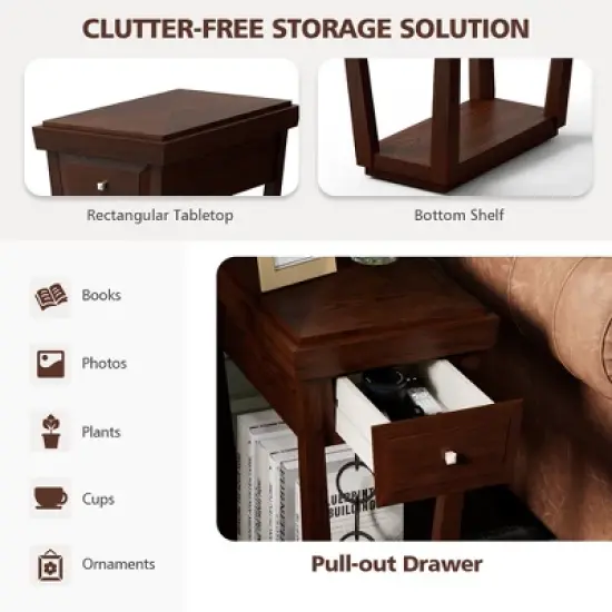 Tangkula 2 Tier End Side Table Nightstand with Drawer Shelf Rubber Wood Classic Espresso image {5}