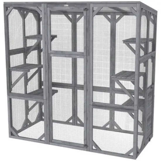 PawHut Catio Outdoor Cat Enclosure, Large Wooden Cat House with 6 Jumping Platforms, Weatherproof Roof, for 1-3 Cats, 59" x 28" x 60", Gray image {6}