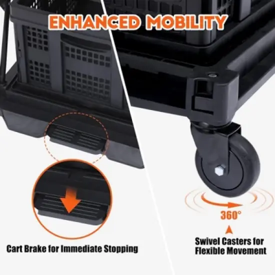 Folding Shopping Cart with Wheels, Collapsible Multi-Use Cart with Storage Gate, Mobile Trolley for Groceries, Black image {4}