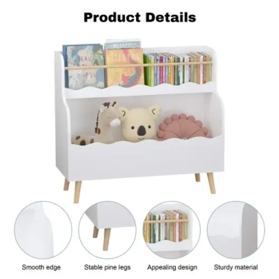 KWPZQEB Wooden Kids Bookshelf 2-Tier, Montessori Bookshelf with Legs, Scalloped Book Shelf for Bedroom Playroom Living Room, White image {6}