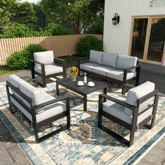 LayinSun 5 Pieces Aluminum Outdoor Patio Furniture Set, Metal Modern Conversation Sofa Set with Coffee Table and Washable Thick Cushions image {9}