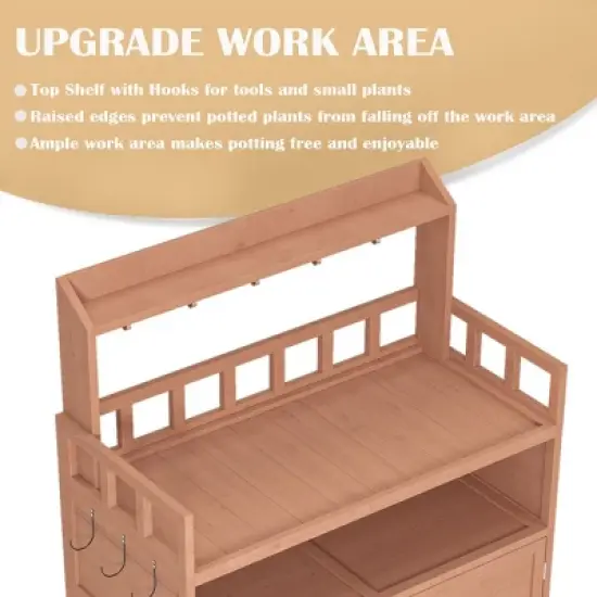 Outdoor Potting Bench with Storage Cabinet & Hooks,Solid Wood Gardening Work Table for Patio-The Pop Home image {6}
