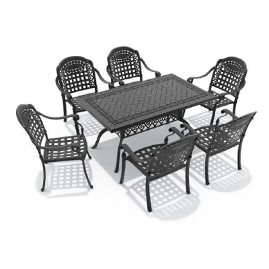 7-Piece Cast Aluminum Outdoor Dining Set: Rectangle Table, Stackable Chairs & Blue Cushions - All-Weather Patio Furniture for Your Backyard image {2}