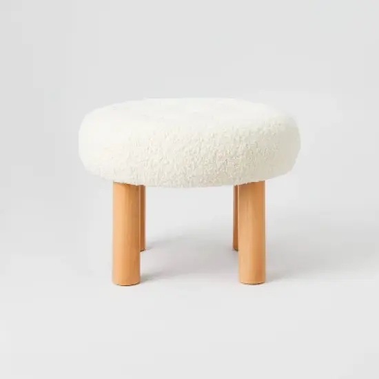 Kessler Round Tufted Faux Shearling Ottoman with Wood Legs Cream - Threshold&trade; designed with Studio McGee image {2}