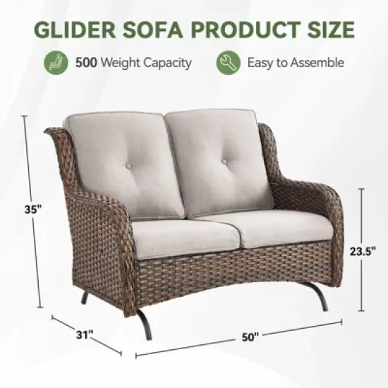 Buenhomino Patio Loveseat Rattan Glider Sofa with Curved Armrest Thicking Back & Seat Cushions for Garden Balcony Backyard image {3}
