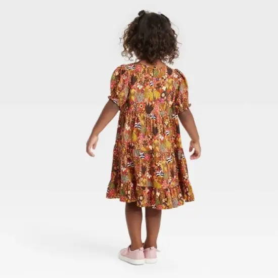 Latino Heritage Month Toddler Puff Short Sleeve Shift Dress - Orange Floral image {1}