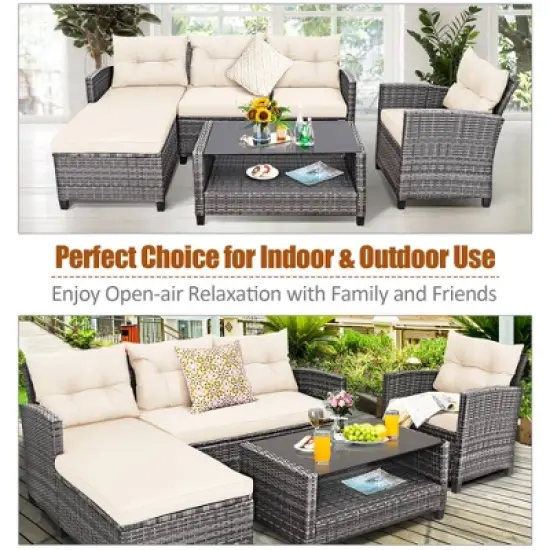 Costway 4PCS Patio Rattan Furniture Set Sofa Ottoman Cushion Garden Deck White/Gray image {3}
