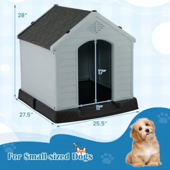 Costway Enduring Waterproof Plastic Dog House w/Sloping Roofs Indoor Outdoor Dog House Gray image {2}