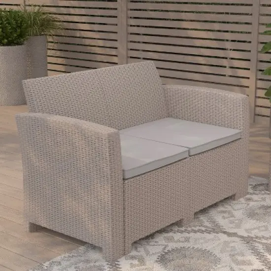 Merrick Lane Outdoor Furniture Resin Loveseat Faux Rattan Wicker Pattern 2-Seat Loveseat With All-Weather Cushions image {1}