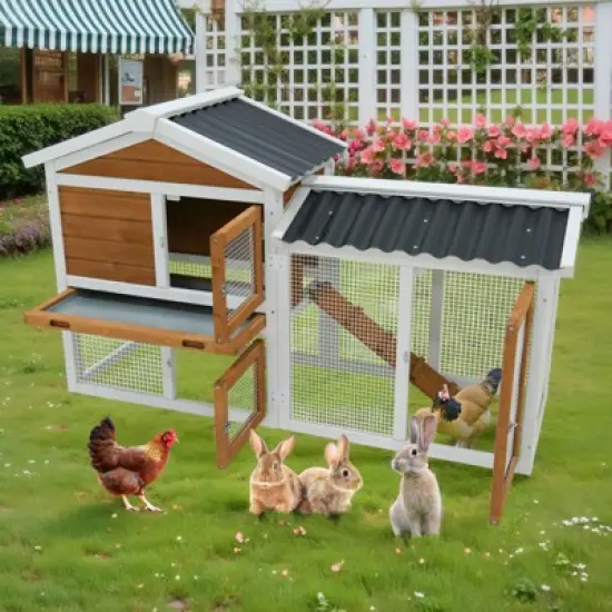 Kumasinova 58" Large Outdoor Rabbit Hutch with Waterproof Roof,Wooden Guinea Pig Cage with Ramp & Pull Out Tray,Pet House for Backyard,Patio Use image {5}
