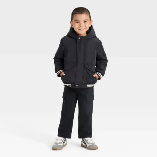 Toddler Boys' Varsity Striped Heavyweight Puffer Jacket - Cat & Jack&trade; Black image {2}