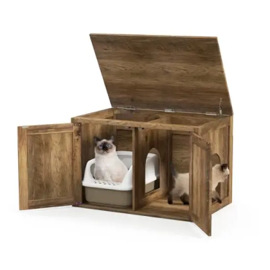 Tangkula Cat Litter Box Enclosure w/ Double Barn Doors Removable Divider Middle Entry image {9}