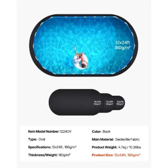 VEVOR Oval Pool Liner Pad, 12 x 24 ft Pool Liner Pad for Above Ground Swimming Pools, Extra-Thick Pool Mat, Prevents Punctures, Black image {7}