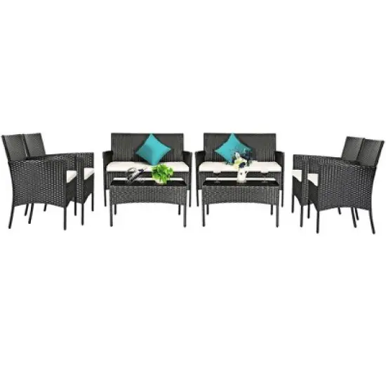 Costway 8PCS Patio Rattan Furniture Set Cushioned Sofa Coffee Table Backyard Turquoise\Red image {1}