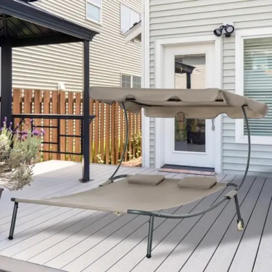 Outsunny Patio Double Chaise Lounge Chair, Outdoor Wheeled Hammock Daybed with Adjustable Canopy and Pillow for Sun Room, Garden, or Poolside image {5}
