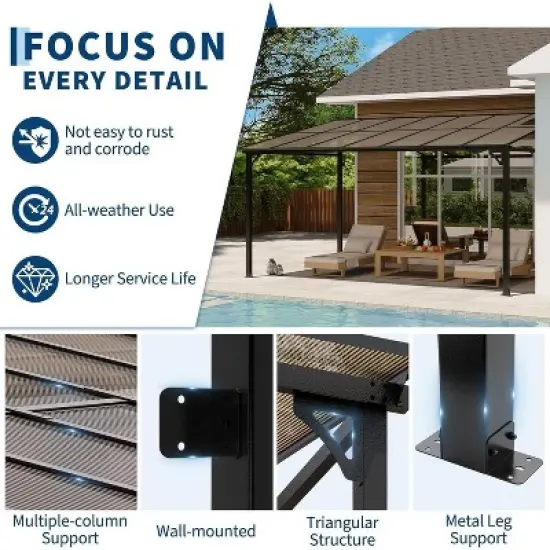 10x14ft Hardtop Lean-to Wall-Mounted Gazebo, All-Weather Pergola with 6mm Polycarbonate Roof & Reinforced Frame for Deck, Porch, Backyard, Garden image {3}