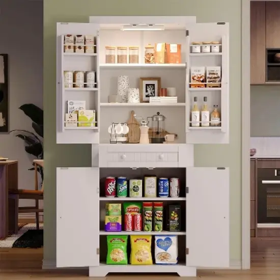 Bestier 72" Tall Kitchen Pantry Storage Cabinet with Doors and Shelves, Food Pantry Cabinet with Motion Sensor Light, White image {8}