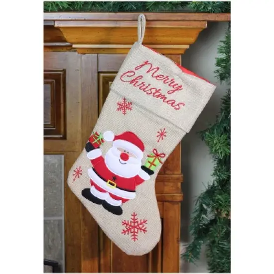 Northlight 19" Beige and Red Santa Claus Embroidered Christmas Stocking image {1}