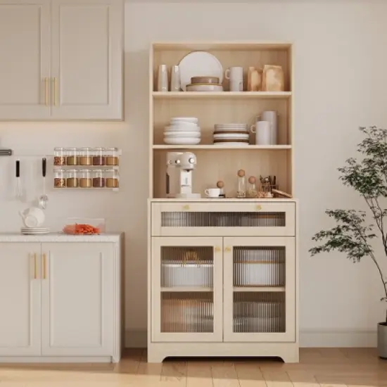 62-Inch Kitchen Pantry Cabinet Freestanding Storage Cupboard with 5-Tier Shelf, Drawer,2 Glass Doors & Adjustable Shelves image {9}