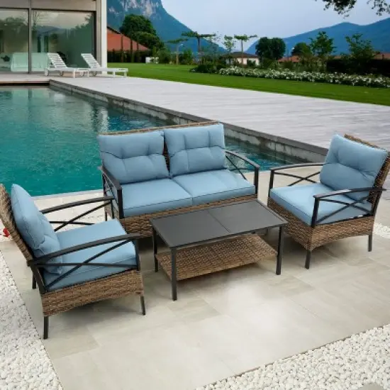 FIONECA Patio 4-Piece Sectional Sofa Set, Low Dining Conversation Set with Cushions, KD Rattan Wicker Outdoor Garden Corner Furniture image {14}