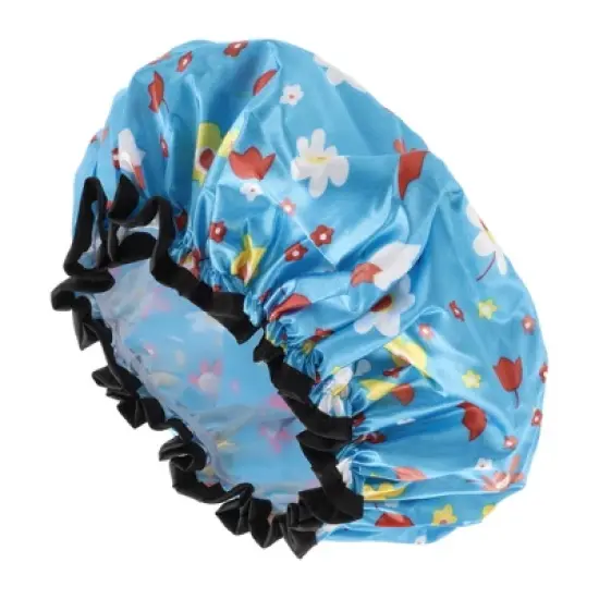 Unique Bargains Women Double Layer Small Flowers Shower Cap Blue 1 Pc image {3}