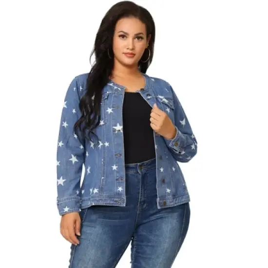 Agnes Orinda Women's Plus Size Jean Jacket Long Sleeves Collarless Denim Jacket image {12}