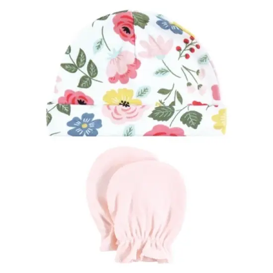 Hudson Baby Infant Girl Cotton Cap and Scratch Mitten Set, Modern Botanical, 0-6 Months image {3}