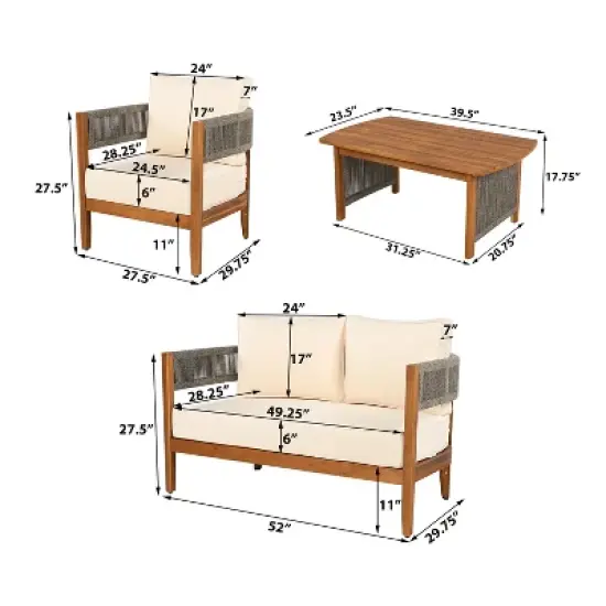Christopher Knight Home Valentina Patio 4 Piece Rustic Rope Weave Acacia Wood Furniture Set with Cushions image {2}