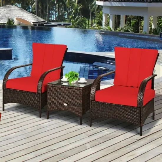 Costway 3 PCS Patio Rattan Furniture Set Coffee Table & 2 Rattan Chair W/Red Cushions image {4}