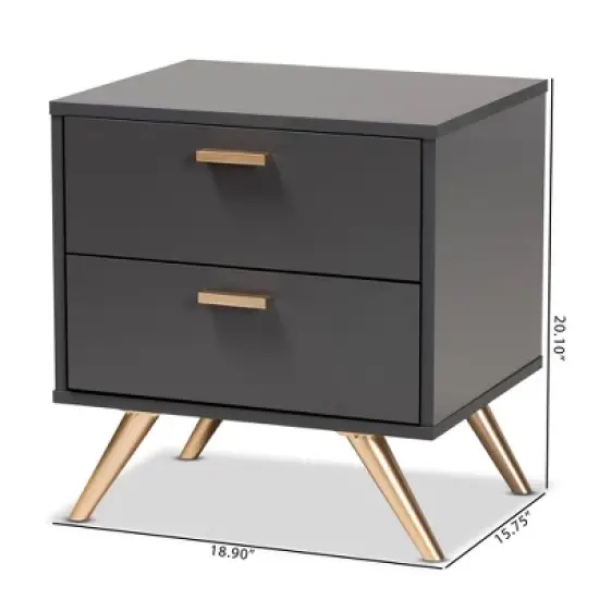 Kelson Wood 2 Drawer Nightstand Dark Gray/Gold - Baxton Studio image {4}