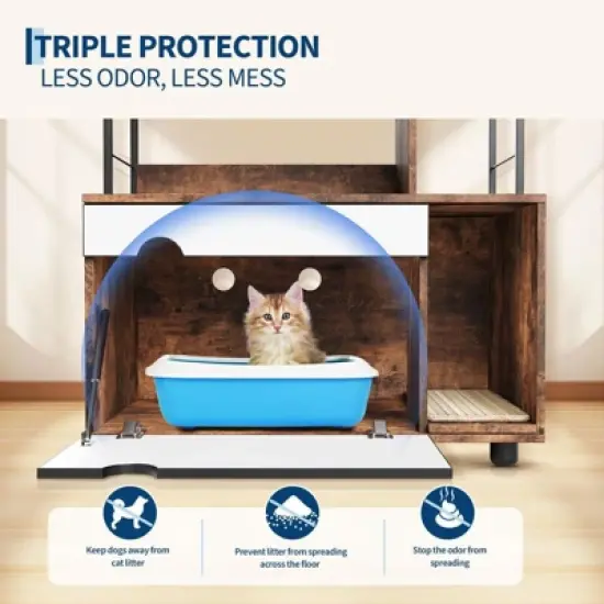 Hidden Cat Litter Box Furniture with Storage Rack, Metal 2-in-1 Pets Furniture with Shelf Corridor Cushioned Mat, Cat Scratching Post image {4}