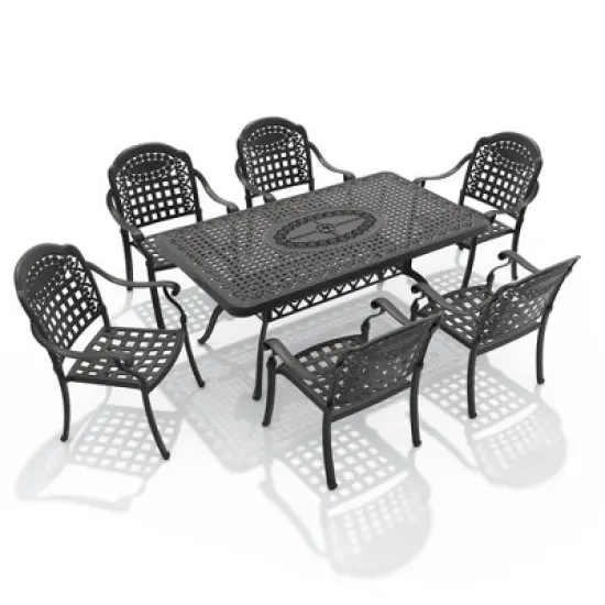 7-Piece Cast Aluminum Outdoor Dining Set with Blue Cushions, Rectangle Table & Stackable Chairs - for Patio, Backyard image {2}