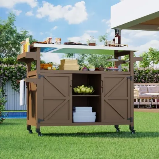 Outdoor Grill Cart with Storage Cabinet, Farmhouse Solid Wood Kitchen Island on Wheels, Outdoor Grill Table with Stainless Steel Table Top image {7}