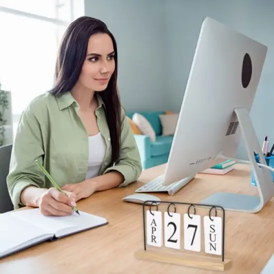 Unique Bargains Desktop Decoration Turn Page Vintage Wood Perpetual Calendar image {4}