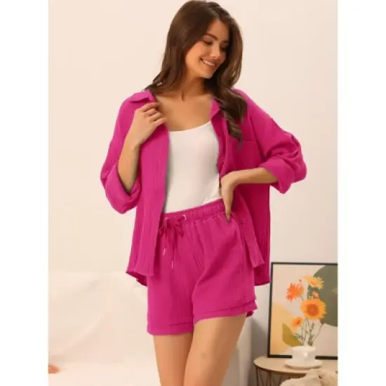 cheibear Women's Button Down Long Sleeve Sleepwear Shirt with Shorts Casual Lounge Sets image {2}
