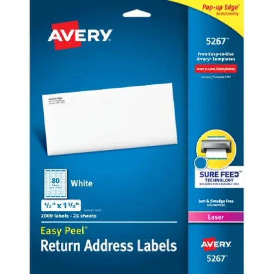 Avery Easy Peel Return Address Labels, Sure Feed Technology, Permanent Adhesive, 1/2" x 1-3/4", 2,000 Labels (5267) image {9}