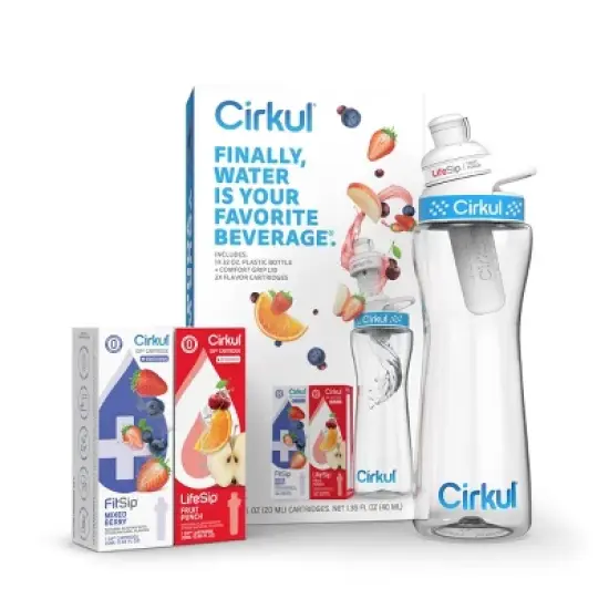 Cirkul Plastic Bottle with Blue Lid and 2 Flavor Cartridges (LifeSip Fruit Punch and FitSip Mixed Berry) - 22oz image {8}