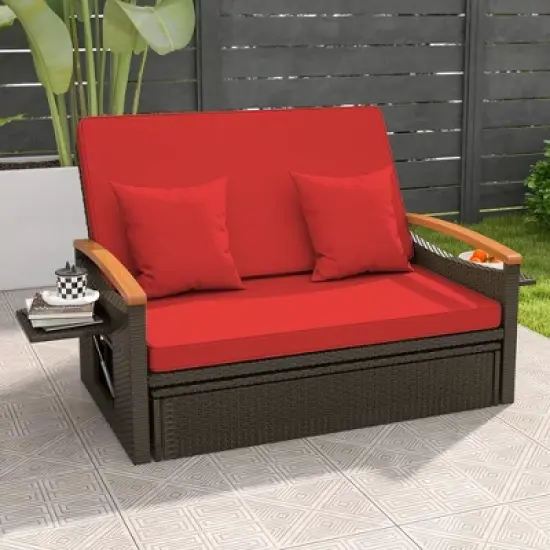 Tangkula Patio Rattan Daybed Set w/ Cushioned Loveseat & Storage Ottoman image {9}