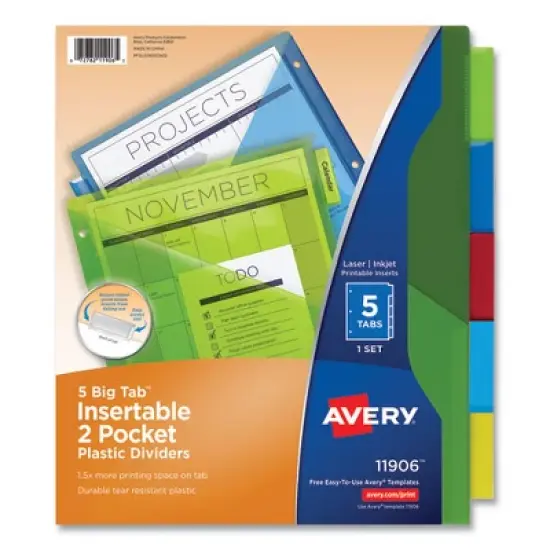 Avery Insertable Big Tab Plastic 2-Pocket Dividers, 5-Tab, 11.13 x 9.25, Assorted, 1 Set image {7}