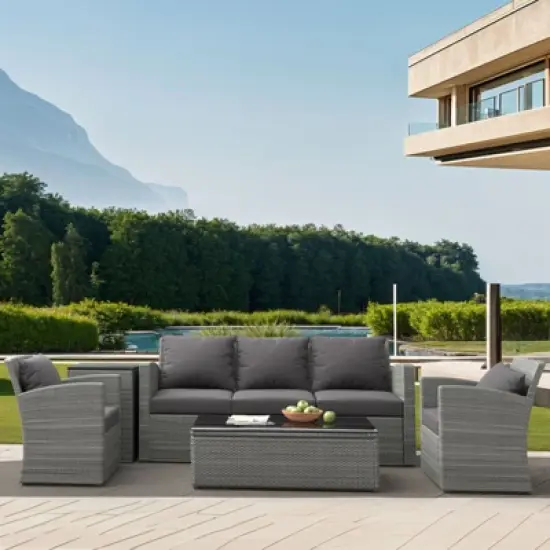 ELJGET Patio Furniture Set, 5 PCS Wicker Outdoor Conversation Set with 2 Coffee Tables for Backyard, Poolside, Garden image {8}