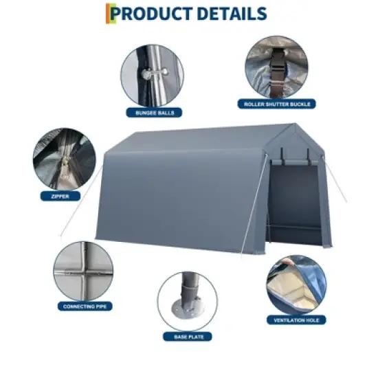 10x15FT Outdoor Storage Shed, Portable Carport with Roll-up Zipper Door and Windows, Heavy Duty Motorcycle Shed Garage Tent for Bike Firewood Tools image {3}