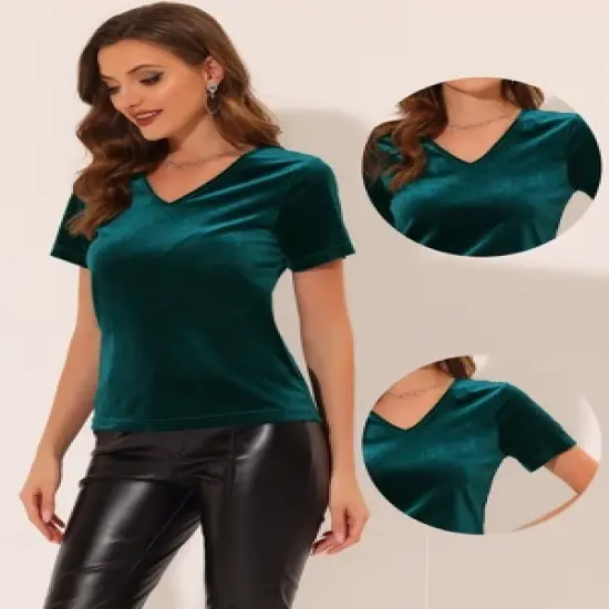 Allegra K Women's Baisc V Neck Velvet Short Sleeve T-Shirt image {1}