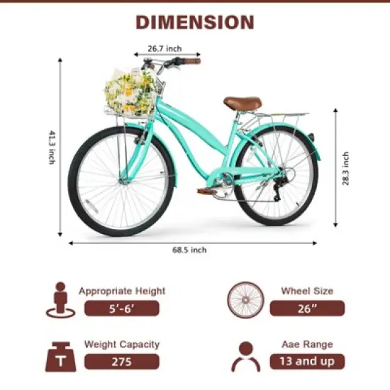 Hykolity 26 Inch Beach Cruiser Bike 7-Speed Commuter Bicycle Outdoor City Bike for Women with Rear Rack High-Carbon Steel Front Rear Fenders & Basket image {5}