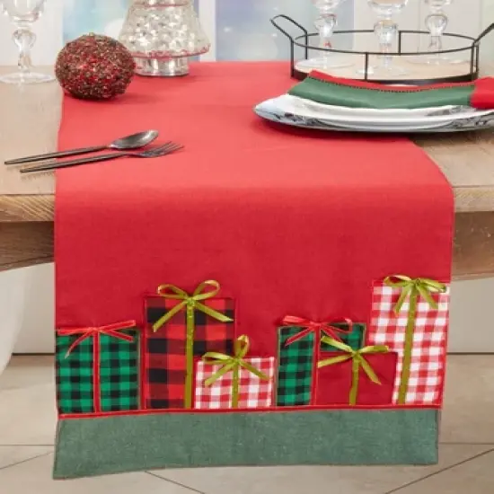Saro Lifestyle Festive and Fun Christmas Gifts Table Runner, 16"x72", Red image {2}