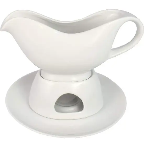 KOVOT 12 Ounce Gravy Boat, Warming Stand & Tray | Ceramic White Gravy Dish With Tealight Warming Option image {3}