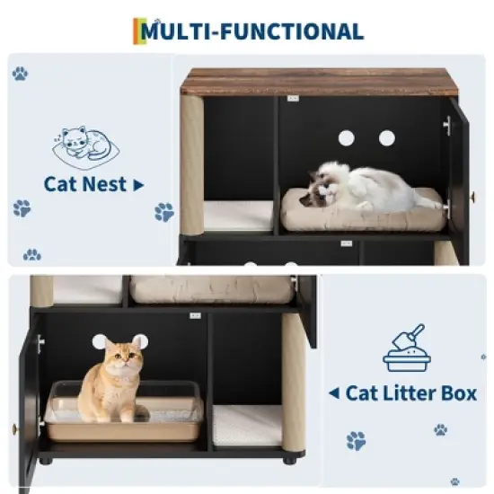 COZONY Cat Litter Box Enclosure for 2 Cats &ndash; Double Room Hidden Litter Box Furniture with Scratch Posts & Double-Layer Litter Mats image {4}